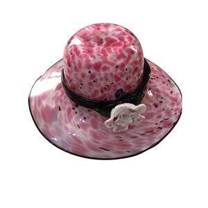 Vtg MURANO Pink & White Spotted Glass Hat Bowl*Black Rim & Flower Decoration